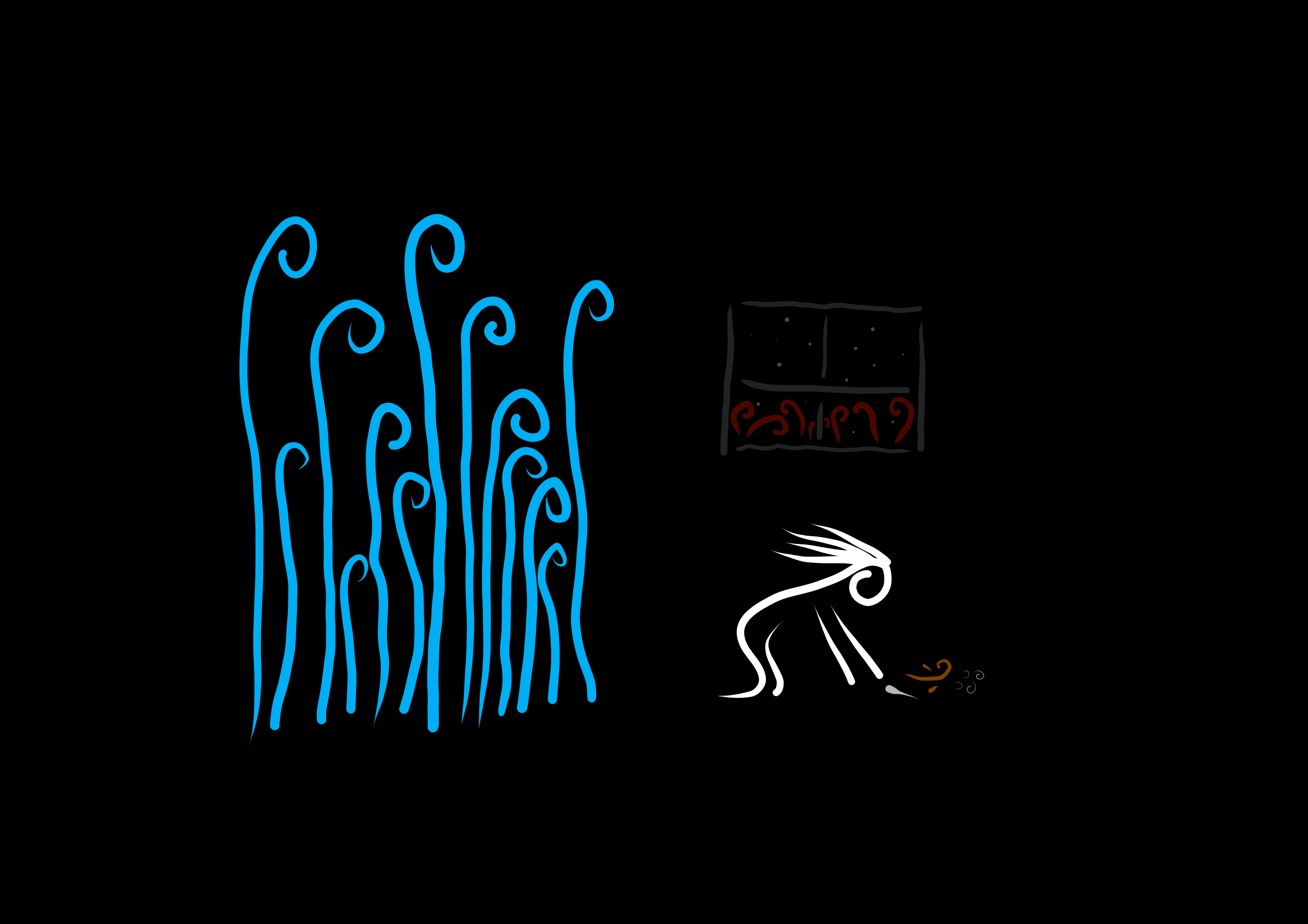 minimalist art depicting a group of blue beings crowded behind a figure on its hands and knees, with a stuffed animal and knife in front of it. in the background, red tendrils are visible outside a window